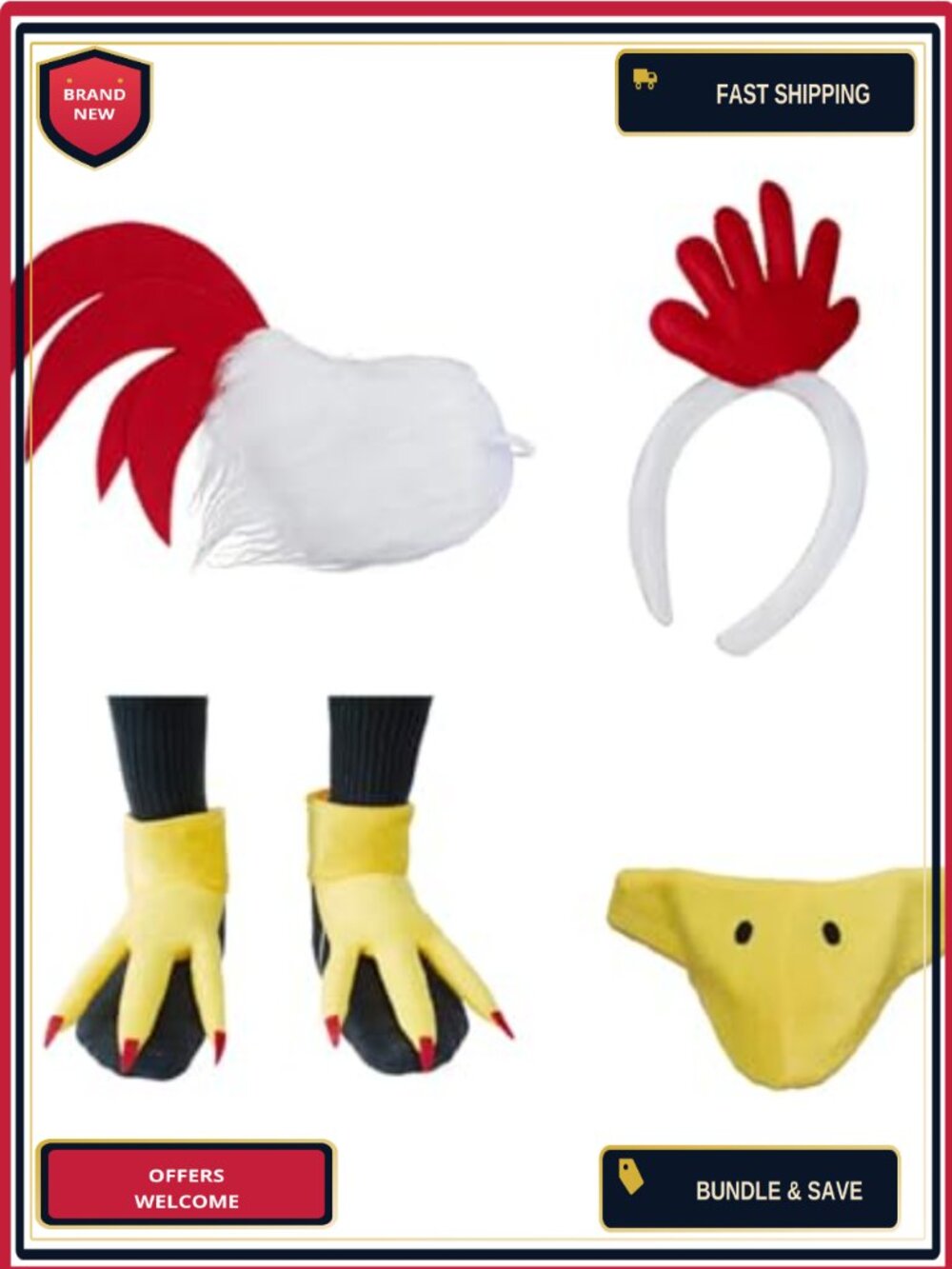 Chicken Rooster Costume Accessory Set Nose Mask Tail Headband Feet